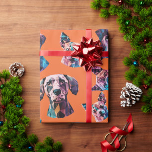 Papel De Presente Retratos Geométricos de Cães em Fundo Laranja