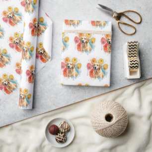 Papel De Presente Retriever de ouro em Impressão de Pata de Aquarela