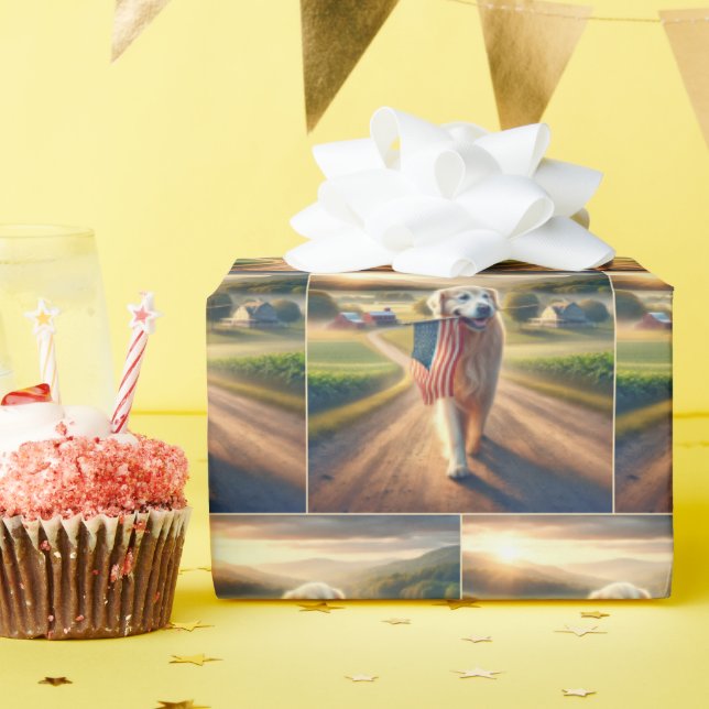 Papel De Presente Retriever de ouros com bandeira americana (Festa de aniversário)