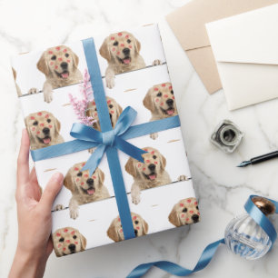Papel De Presente Retriever Dourado com Beijos de Lábios Vermelhos