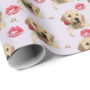 Papel De Presente retriever dourado com rosa e beijos