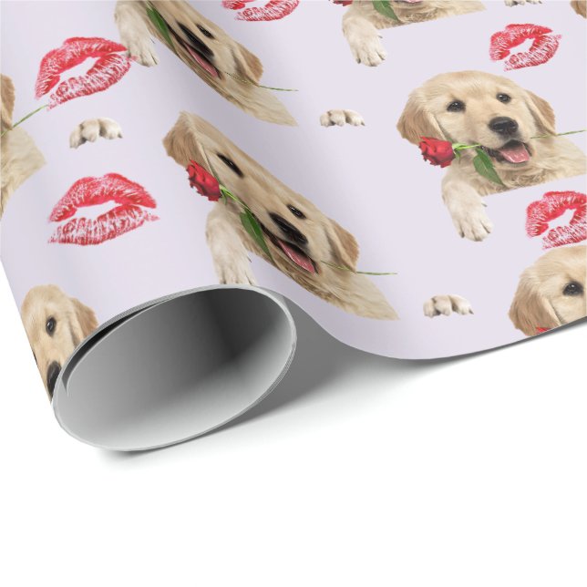Papel De Presente retriever dourado com rosa e beijos (Ponta do rolo)
