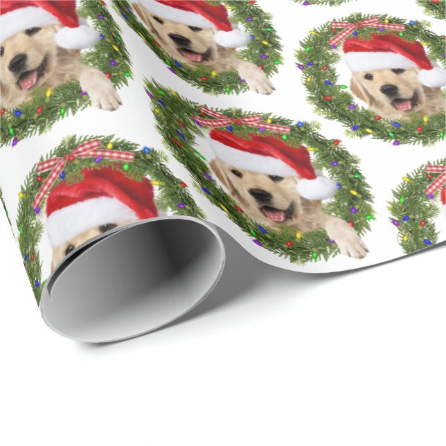 Papel De Presente Retriever ouro na coroa e luzes de Natal (Ponta do rolo)