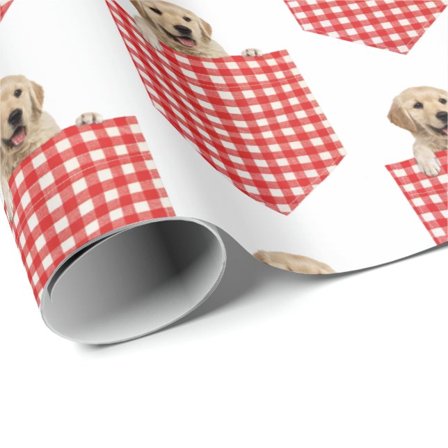 Papel De Presente Retrievers De ouro No Bolso De Gingham (Ponta do rolo)
