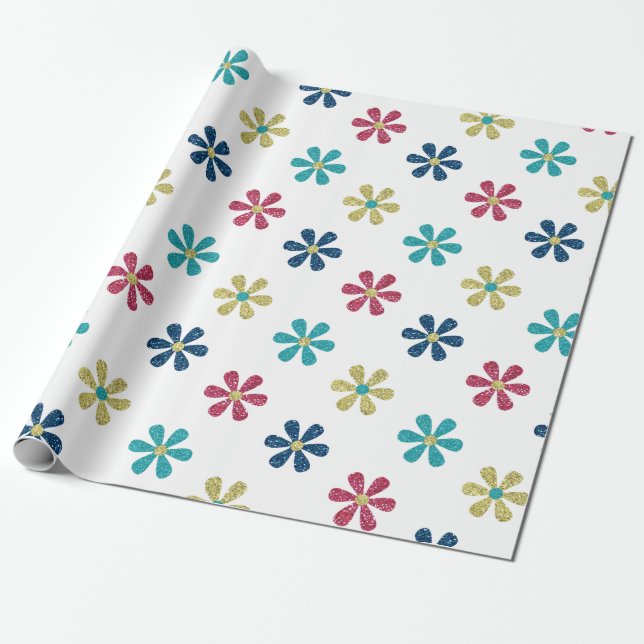 Papel De Presente Retro 60s Flores Douradas Blue Glitter Sparkle (Desenrolado)