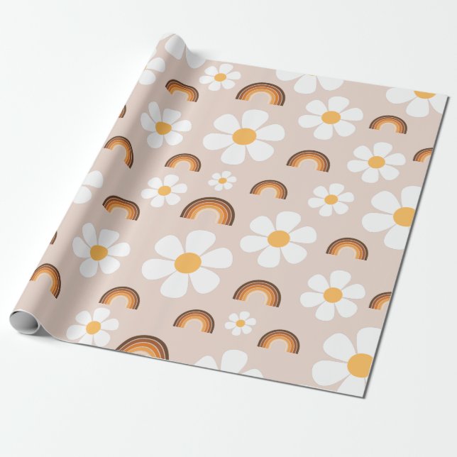 Papel De Presente Retro 70s Groovy Hippie Daisy & Terracotta Rainbow (Desenrolado)