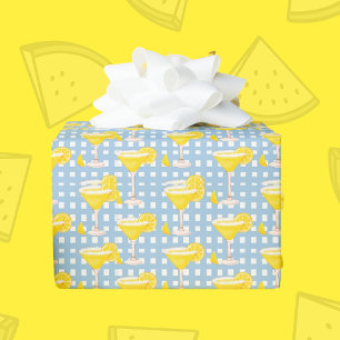 Papel De Presente Retro Amarelo Ensolarado Limão Azul Branco Xadrez