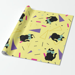Papel De Presente Retro Anos 80 Gato Preto Geométrico Neon