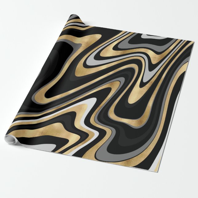 Papel De Presente Retro Black Dourado Wavy Lines Modern Design (Desenrolado)
