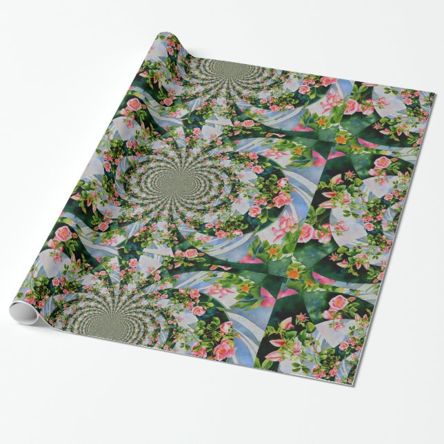 Papel De Presente Retro-boho, cor-de-água, floral rosa (Desenrolado)