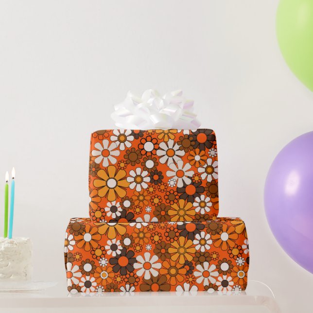 Papel De Presente Retrô Boho Floral Marrom Laranja Presente dos Anos (Presentes para festas)