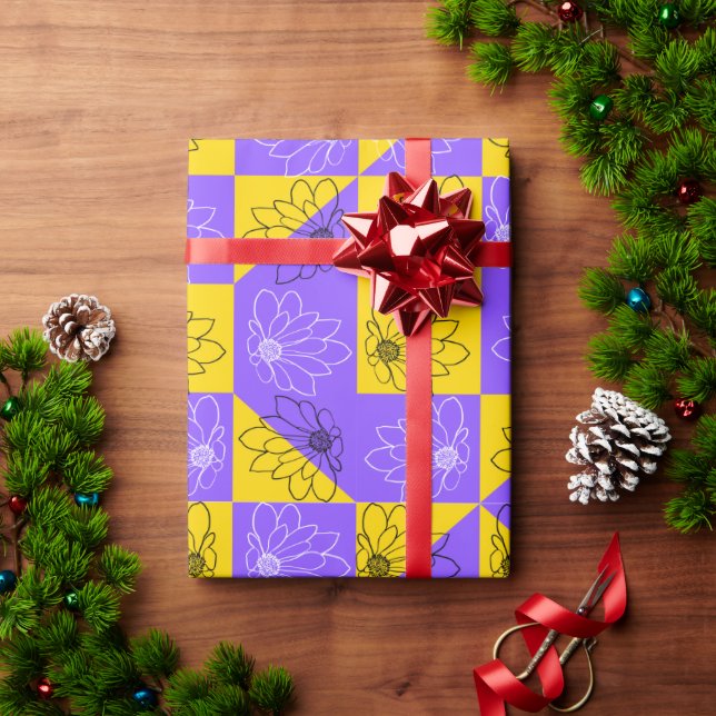 Papel De Presente Retro Boho Roxo & Amarelo Xadrez de Margaridas (Presente de Natal)