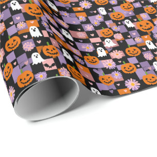 Papel De Presente Retro Checkerboard Halloween Ghosts and Pumpkins