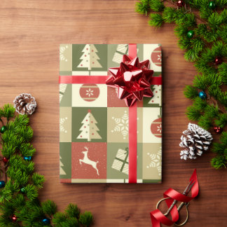 Papel De Presente Retro Checkered Christmas Red and Green