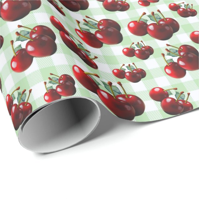 Papel De Presente Retro Cherries fresh picked green gingham (Ponta do rolo)