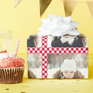 Papel De Presente Retro Christmas Photo Collage Checkerboard Red