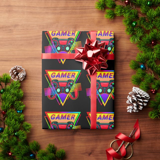 Papel De Presente Retro Colorido Arco-Íris Gamer Computador Jogos  (Presente de Natal)