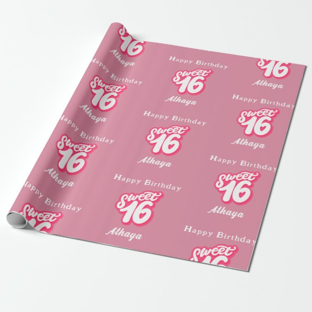 Papel De Presente Retro Cor-de-Rosa Doce 16.º Aniversário (Desenrolado)