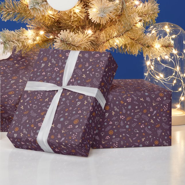 Papel De Presente Retro Desenhos de Natal em Roxo Plum Deep (Feriados)