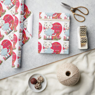 Papel De Presente Retro Dia dos Namorados Gato Antigo Comendo Sorvet