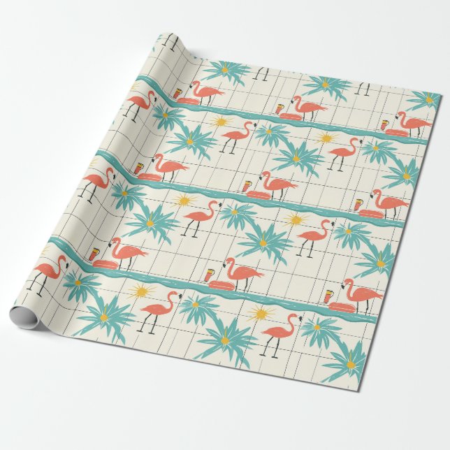 Papel De Presente Retro Flamingo Poolside Summer Pattern (2) (Desenrolado)
