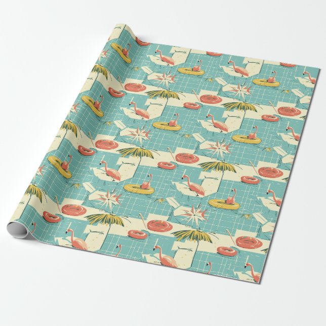 Papel De Presente Retro Flamingo Poolside Summer Pattern (4) (Desenrolado)