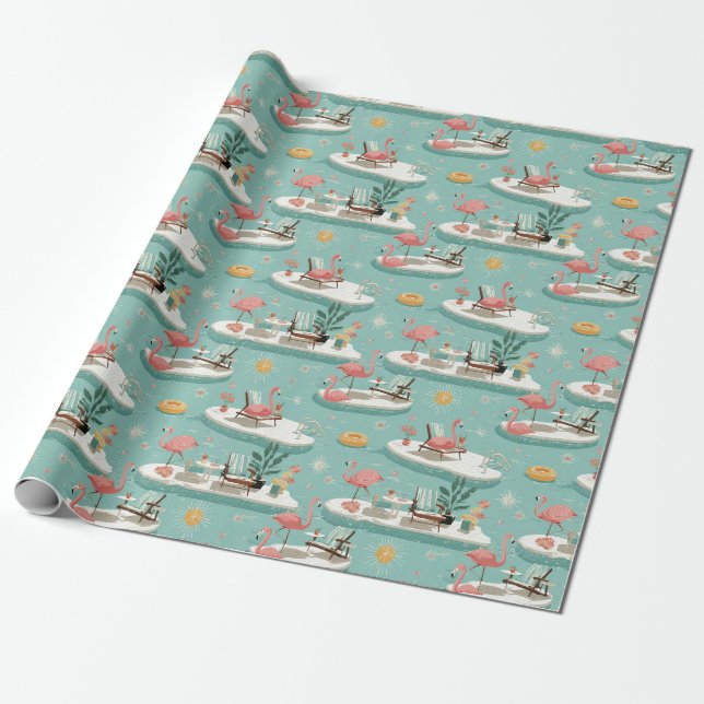 Papel De Presente Retro Flamingo Poolside Summer Pattern (6) (Desenrolado)