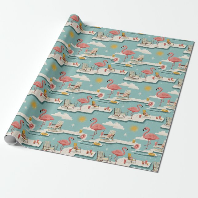 Papel De Presente Retro Flamingo Poolside Summer Pattern (7) (Desenrolado)