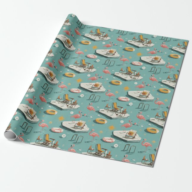 Papel De Presente Retro Flamingo Poolside Summer Pattern (8) (Desenrolado)