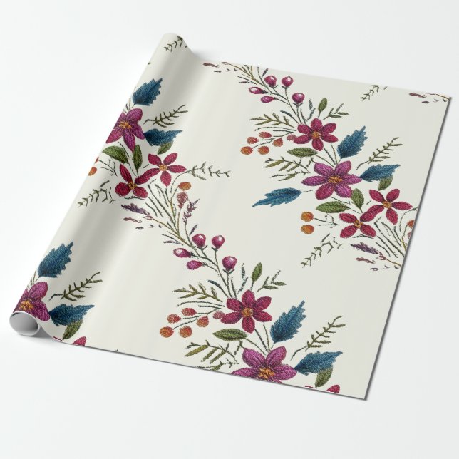 Papel De Presente Retro Floral Folk Christmas (Desenrolado)