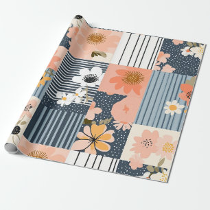 Papel De Presente Retro Floral Patchwork em Rosa e Azul