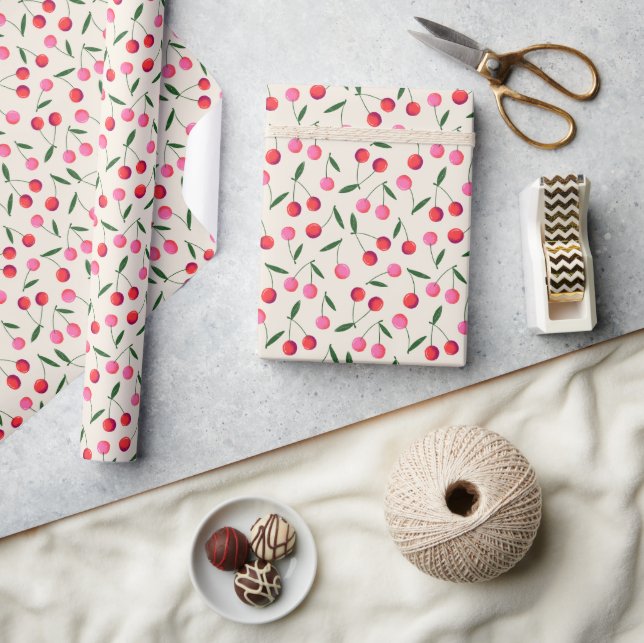 Papel De Presente Retro Folk Art Berry Cherries em Creme (Artesanato)