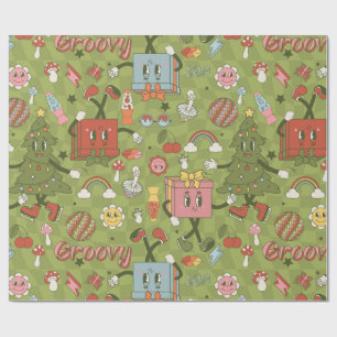 Papel De Presente retro groovy 1970 discoteca árvore de natal verde