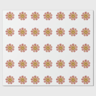 Papel De Presente Retro Groovy Carinha Sorridente Flor Pastel Floral