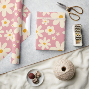 Papel De Presente Retro groovy daisy boho desert rosa