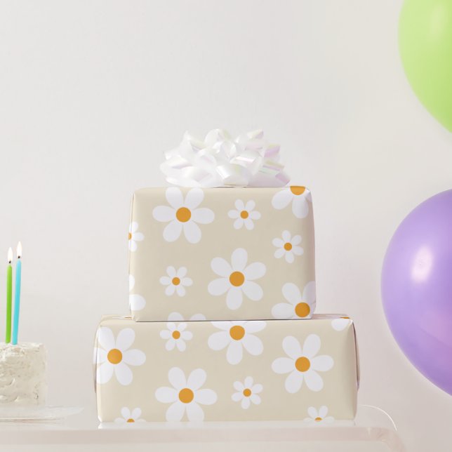 Papel De Presente Retro Groovy Daisy Tan Birthday - Papo de Embrulho (Presentes para festas)