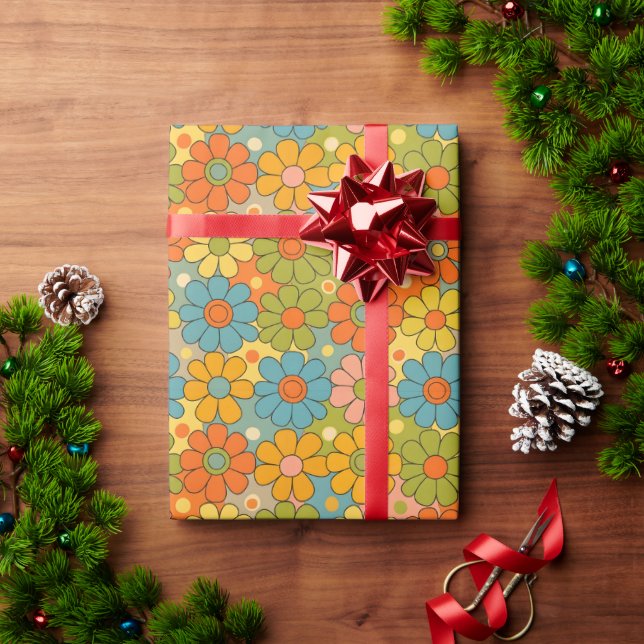 Papel De Presente Retro Groovy Flower Power dos Anos 70 (Presente de Natal)