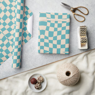 Papel De Presente retro groovy fofo azul turquesa xadrez ondulado