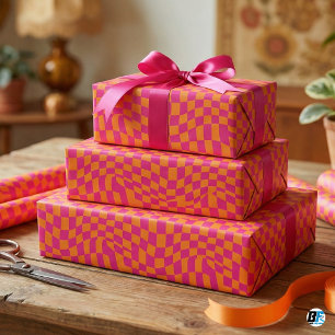 Papel De Presente Retro Groovy Xadrez Distorcido Rosa Laranja Vibran