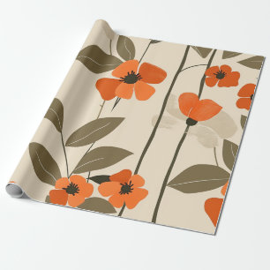 Papel De Presente Retro Laranja Floral Botânico Ousado Anos 70 Vinta