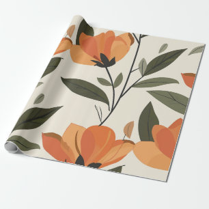Papel De Presente Retro Laranja Floral Botânico Ousado Anos 70 Vinta