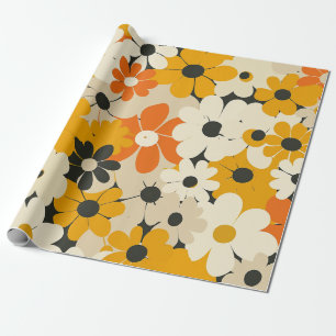 Papel De Presente Retro Laranja Floral Botânico Ousado Anos 70 Vinta