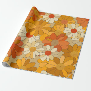 Papel De Presente Retro Laranja Floral Botânico Ousado Anos 70 Vinta