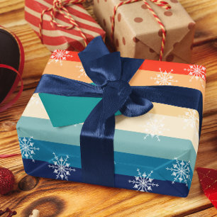 Papel De Presente Retro Listras Floco de Neve Natal 70s