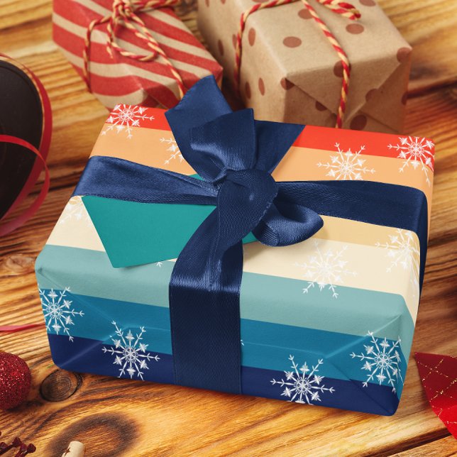 Papel De Presente Retro Listras Floco de Neve Natal 70s (Criador carregado)