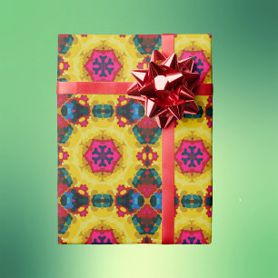 Papel De Presente Retro Mandala Amarelo Azul e Rosa
