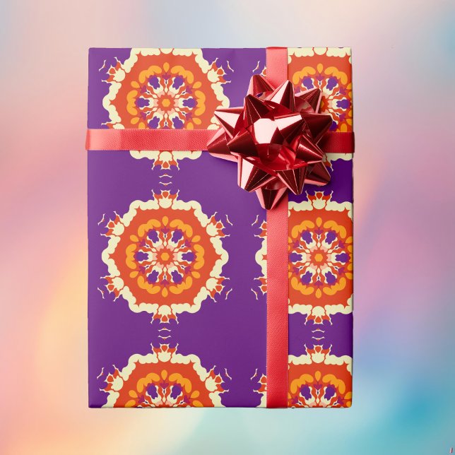 Papel De Presente Retro Mandala Puro Vermelho e Laranja (Retro Mandala Wrapping Paper from Wormhole Orbital)
