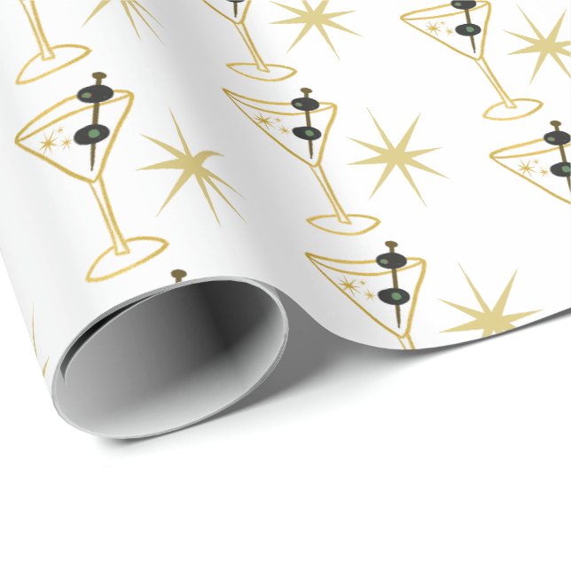 Papel De Presente Retro Martini Coquetel Vidro Oliveiras Festivas (Ponta do rolo)