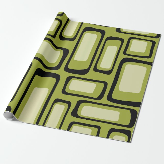 Papel De Presente Retro Meados do Século Verde Grade Retângulo Arred (Desenrolado)