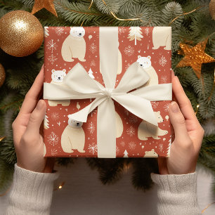 Papel De Presente "Retro Natal Red E White Bear E Árvore